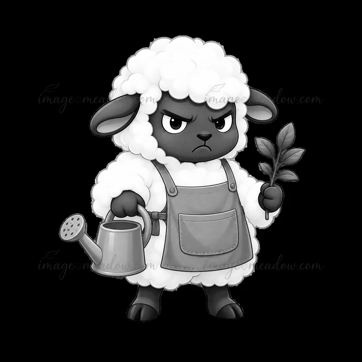 A sheep stands with a frown, holding a watering can in one hand and a branch in the other. It wears an apron and has fluffy white wool. The scene captures a cut