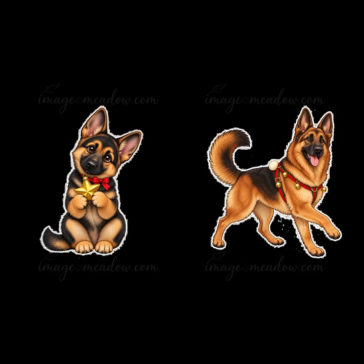 Two cartoon German Shepherds celebrate Christmas. One pup sits with a bow and a star, while the other runs joyfully with a collar of ornaments. Both dogs have a