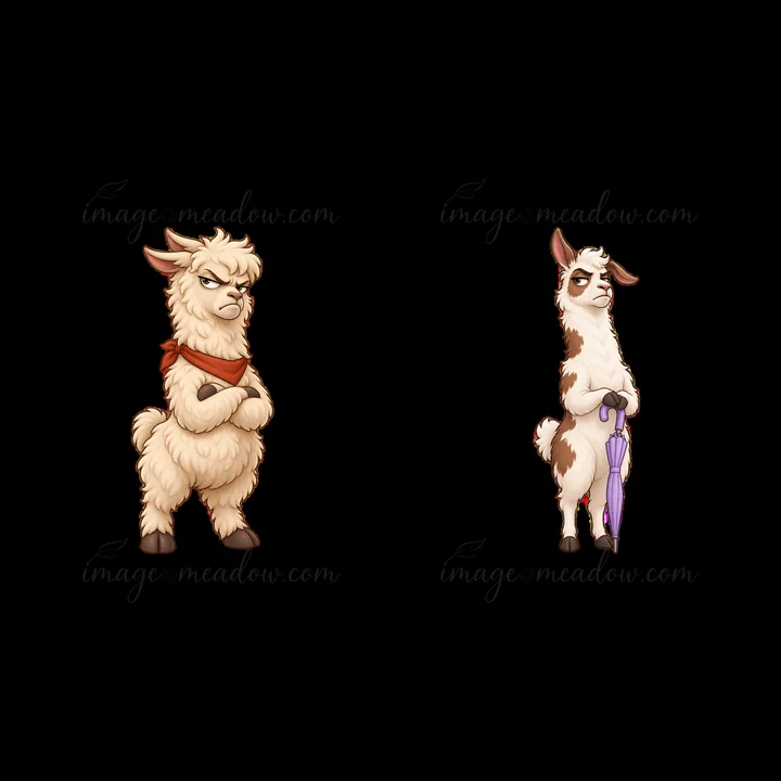 Two grumpy llamas stand side by side. The llama on the left has a red scarf and arms crossed. The llama on the right holds a purple umbrella and shows an annoye