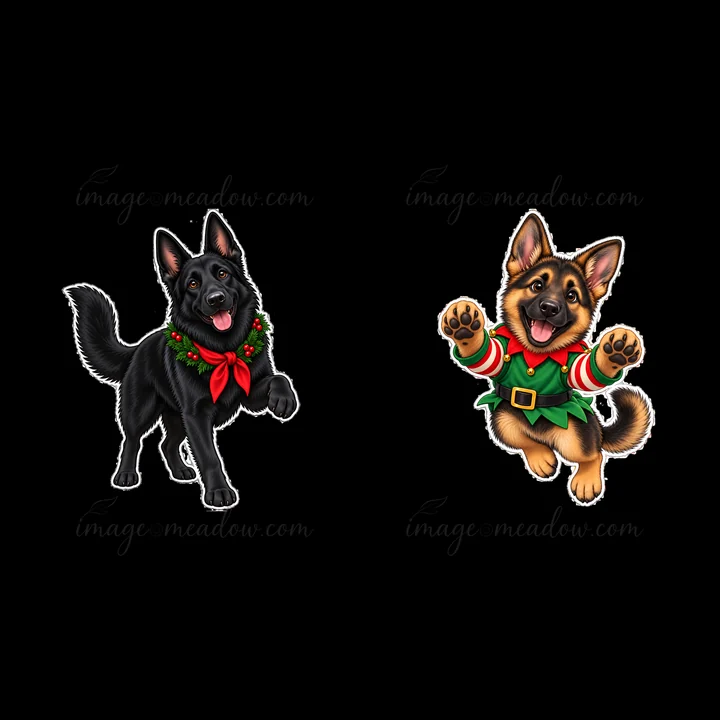 Two cartoon German Shepherds are dressed for Christmas. One black dog wears a wreath and red bow while the brown dog wears an elf outfit. Both dogs appear happy